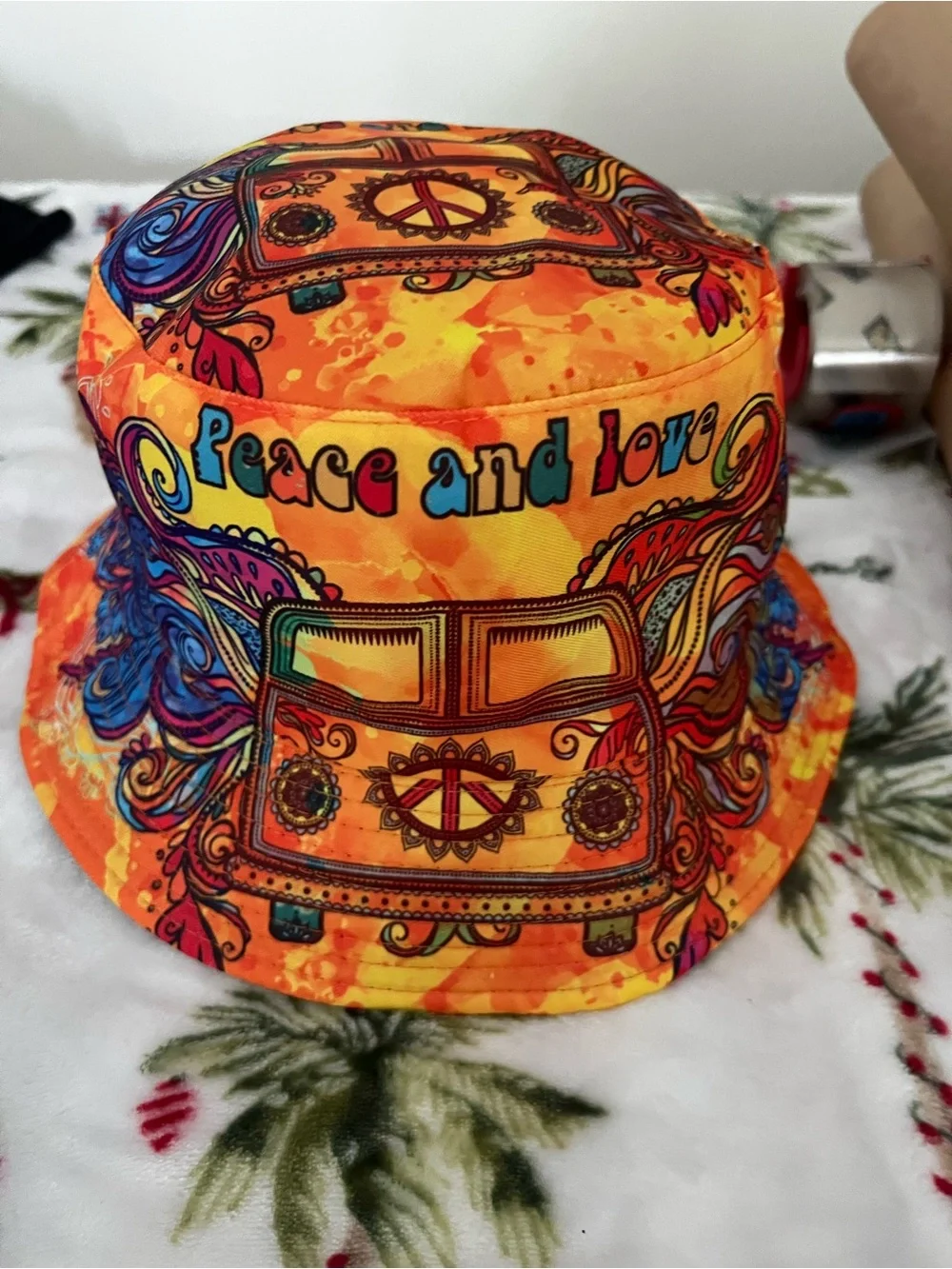 Orange 'Peace and Love' Bucket Hat Tribute to Deadheads and Hippies